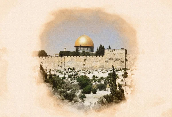 Image Golden Dome Rock Aqsa Mosque Processed Graphic Editor Old — Stock Photo, Image