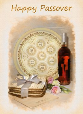 İbranice 'de Bahar Bayramının resmi ve bir şişe şarap, hamur yemeği tabağı, matzo ve Haggadah ile öznitelikleri - Mutlu Hamursuzluklar. Bir grafik düzenleyicisinde retro fotoğraf ya da eski bir kartpostal olarak işlendi