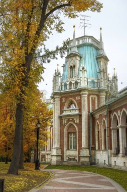 Moskova, Rusya - 02 Ekim 2019: Moskova turu. Kraliçe Büyük Catherine 'in Tsaritsyno' daki büyük sarayı. Tsaritsyno Moskova Rusya 'da bir saray müzesi ve park rezervi.