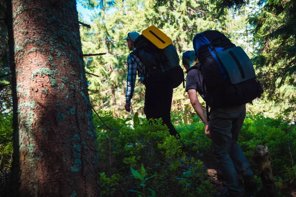 Двоє друзів подорожують в горах з рюкзаками — стокове фото