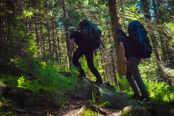 Two friends travel in mountains with backpacks — Stock Photo, Image