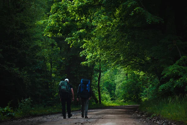 Two friends travel in mountains with backpacks — Stock Photo, Image