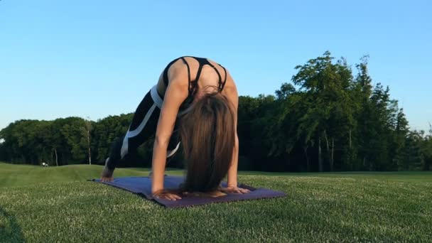 Happy Yoga Kvinde Trainig Fitnessmåtten Langsom Bevægelse – Stock-video