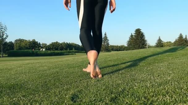 Femmes Pieds Nus Marchant Sur Herbe Verte Mouvement Lent — Video