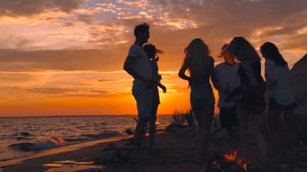 Τους Φίλους Χορεύουν Στην Παραλία Κοντά Φωτιά Κρατώντας Μπουκάλια Μπύρας — Αρχείο Βίντεο
