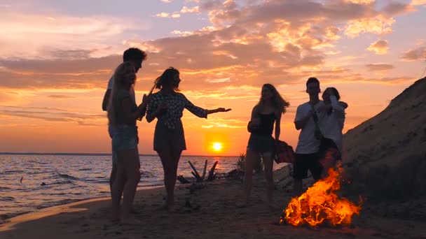 Amigos Disfrutando Buen Rato Playa Cerca Hoguera Puesta Sol Movimiento — Vídeos de Stock
