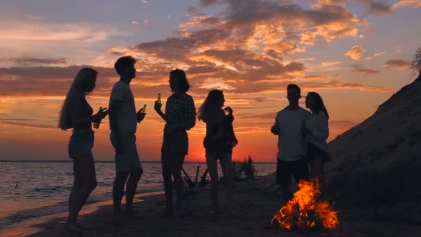 Grupo Amigos Playa Puesta Sol Movimiento Lento — Vídeo de stock