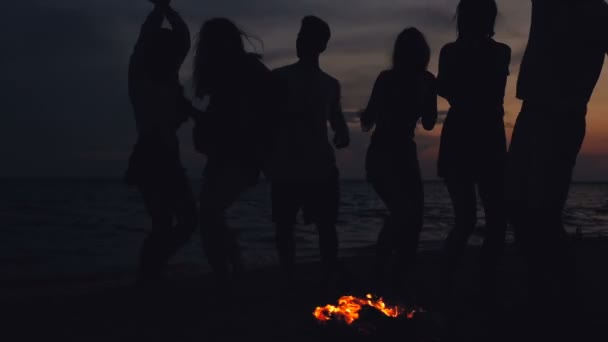 Group Friends Finishing Beach Party Man Shaking Beer Bottle — Stock Video