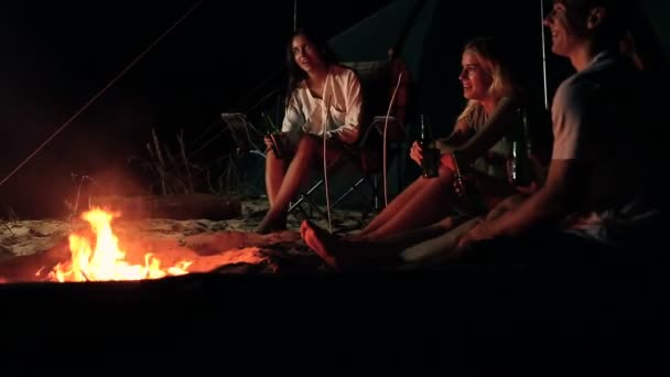 Amigos Felizes Sentados Perto Fogueira Noite Desfrutando Bons Momentos Bebendo — Vídeo de Stock