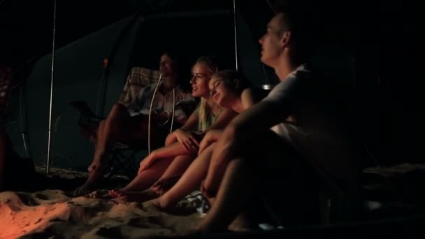 友人が キャンプファイヤーの近くに座って良い時間を楽しんでします ギターを演奏します 夜の時間 — ストック動画