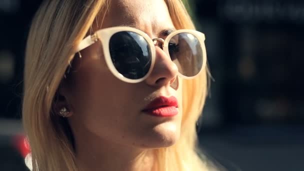 Close Portrait Attractive Blonde Woman Drinking Coffee Street — Stock Video