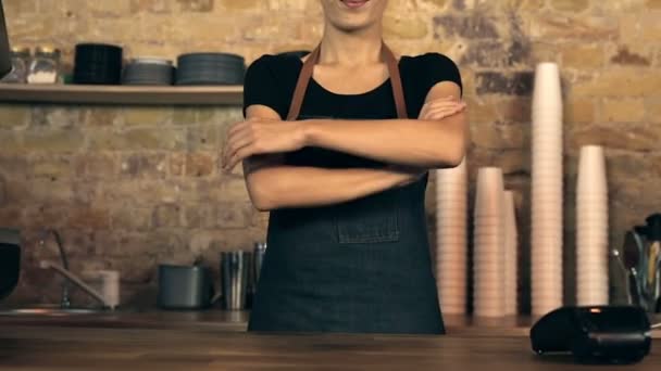 Porträt Einer Attraktiven Coffeeshop Inhaberin Die Die Kamera Blickt Schwebestativ — Stockvideo