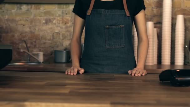 Porträtt Lycklig Leende Attraktiva Kvinnliga Kaffe Butiksägare Tittar Kameran Hälsning — Stockvideo