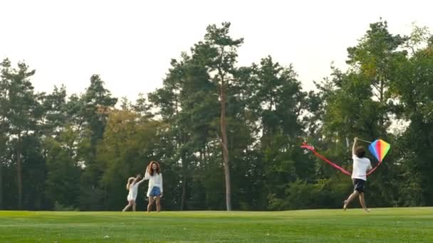 Happy Family Together Park Having Fun Playing Kite Slowmotion — Stock Video