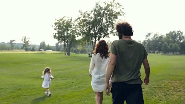 家族の週末に公園を散歩します ステディカム ショット — ストック動画