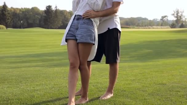 幸せなカップルの草の上に立っていると抱き締めます 屋外の公園での週末 ステディカム ショット — ストック動画