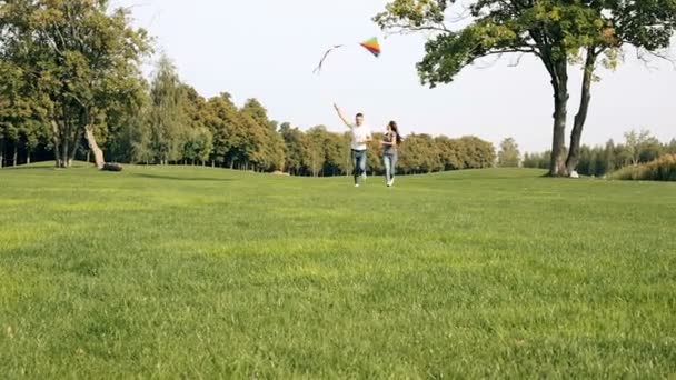 夫妇跑 有冯和玩风筝在公园里 — 图库视频影像