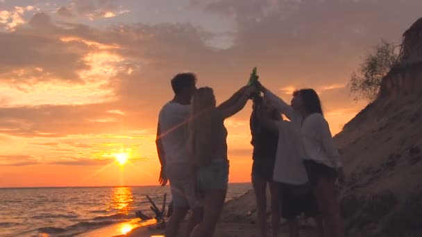 在日落时分 朋友们在海滩上无比的啤酒瓶 — 图库视频影像
