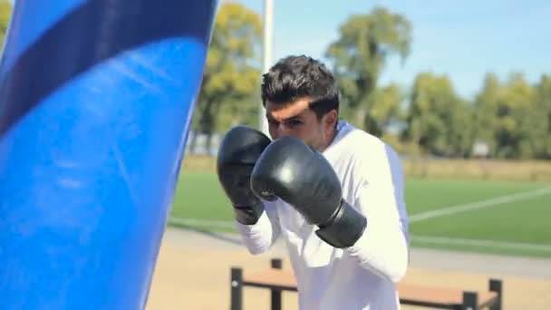 Sportsman Boxning Med Slagsäck — Stockvideo