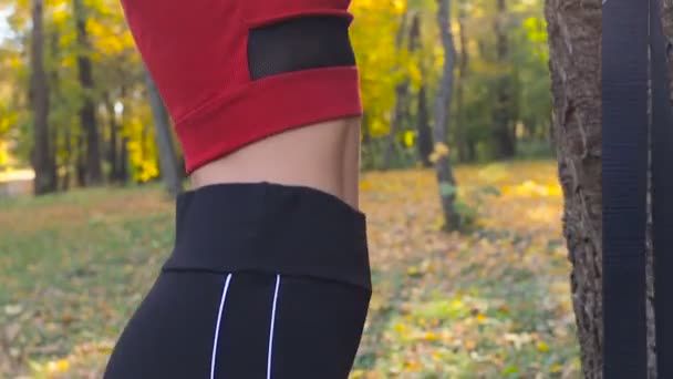 Jovem Mulher Prepearing Trx Para Treaining Parque — Vídeo de Stock