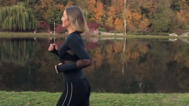 Uma Mulher Desportiva Correr Parque Vista Lado Tiro Steadycam — Vídeo de Stock