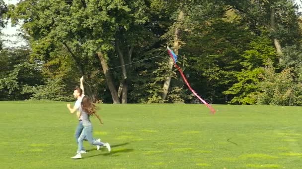 Paar Plezier Met Air Kite Slowmotion — Stockvideo