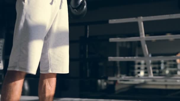 Boxer Muž Stojí Kruhu Stále Rovně Hlavu Při Pohledu — Stock video