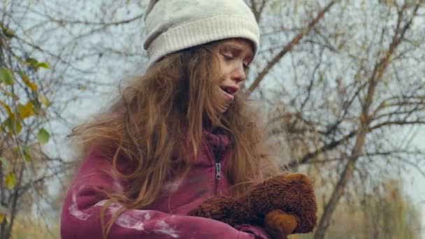 Crying Homeless Girl Whirling Playground — Stock Video