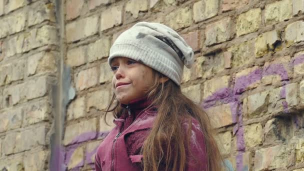 Crying Little Homeless Girl Brick Wall — Stock Video