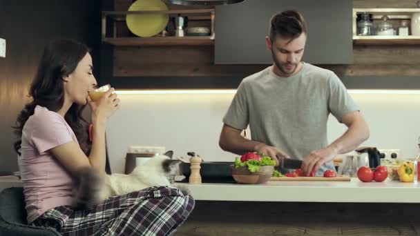 Atractiva Joven Bebiendo Jugo Abrazando Gato Novio Preparando Ensalada Cocina — Vídeos de Stock