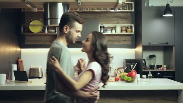 Young Happy Couple Having Fun Dancing Kitchen — Stock Video