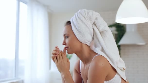 Portrait Attractive Woman White Towel Head — Stock Video