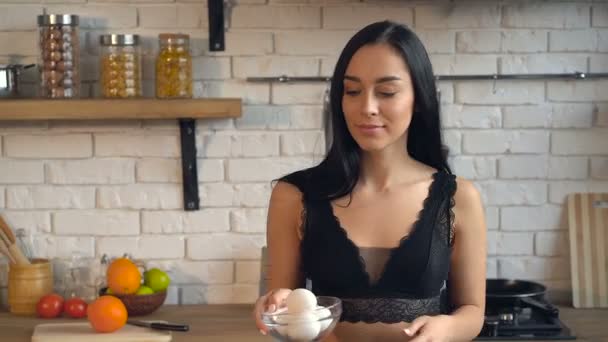 Young Woman Dressed Black Underwear Preparing Dough Kitchen — Stock Video