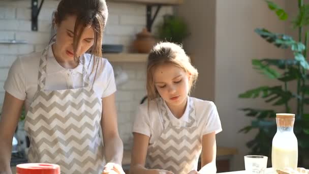 Kız Kardeş Yemek Yapıyor Şyerinin Temizliği Hazırlanması Mutfak Masası — Stok video