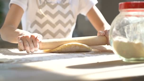 Close Kid Girls Hands Kneading Dough Using Rollin Pin — Stock Video