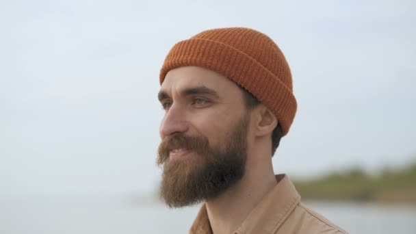 Close Portrait Beard Man Drinking Coffee Tea Outdoors Enjoying Nice — Stock Video