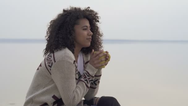 Cabelo Encaracolado Afro Americano Mulher Sentada Perto Mar Desfrutando Bom — Vídeo de Stock