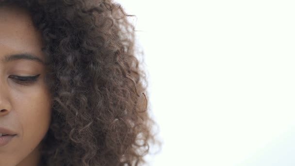 Half Face Portrait Afro American Woman Outdoors Emotional Looking Camera — Stock Video