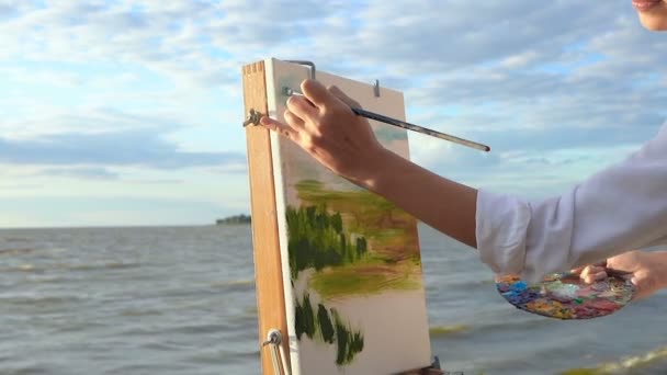 海の近くの風景を描く女性 ペンキに焦点を当てなさい ハンドヘルド — ストック動画