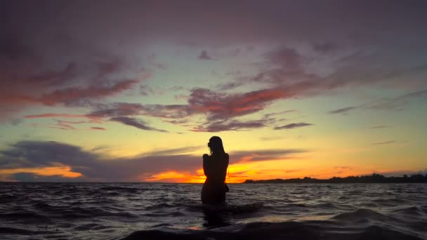 Silhouette Jeune Femme Corps Parfait Marchant Dans Mer Caméra Coucher — Video