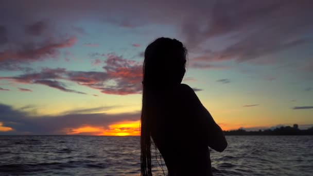 Retrato Silhueta Mulher Acima Mar Céu Por Sol Movimento Lento — Vídeo de Stock