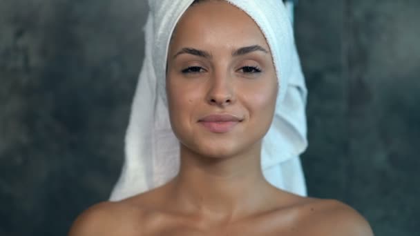 Close Portrait Happy Smiling Woman Shoewer White Towel Head — Stock Video