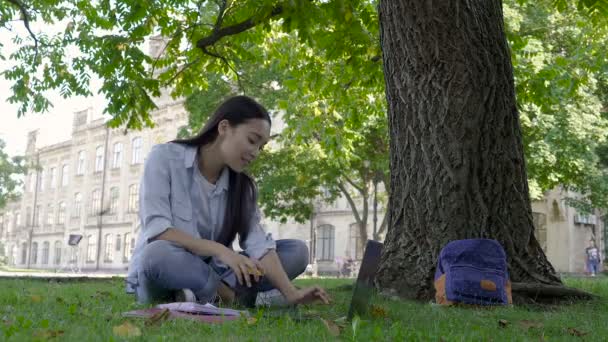 Estudiante Asiática Estudiando Parque Sentado Césped Trabajando Con Cuaderno — Vídeos de Stock