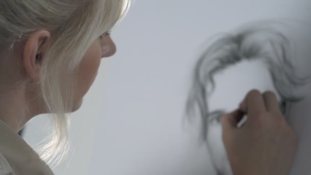 Primer Plano Retrato Mujer Artista Dibujo Retrato — Vídeo de stock