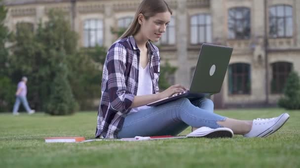 Uma Jovem Sentada Relva Parque Trabalhando Com Computador Portátil Freelancer — Vídeo de Stock