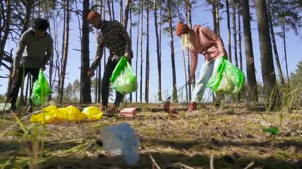 Grupo Multiétnico Amigos Pegar Lixo Chão Floresta Ângulo Largo Tiro — Vídeo de Stock