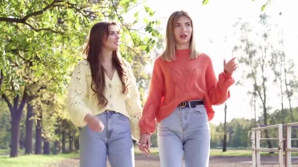 Young Female Couple Dating Holding Hands Walking Park Slowmotion — Stock Video