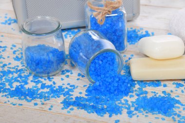 mavi deniz tuzu banyo cam kavanozlara doğal sabunlar için