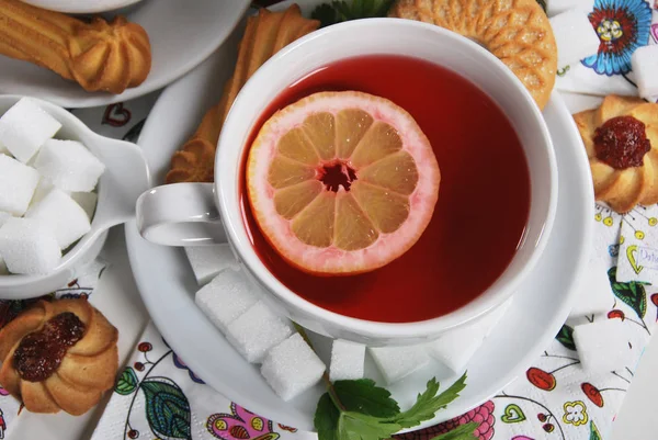 Fruit Herba Lemon White Cup Sugar Cubes Cookies Marmalade — Stock Photo, Image