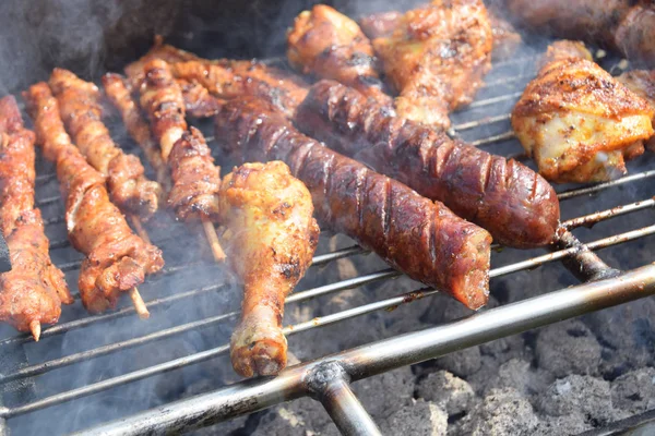 烤鸡肉 香肠和烤肉串在烟雾中烧烤 — 图库照片